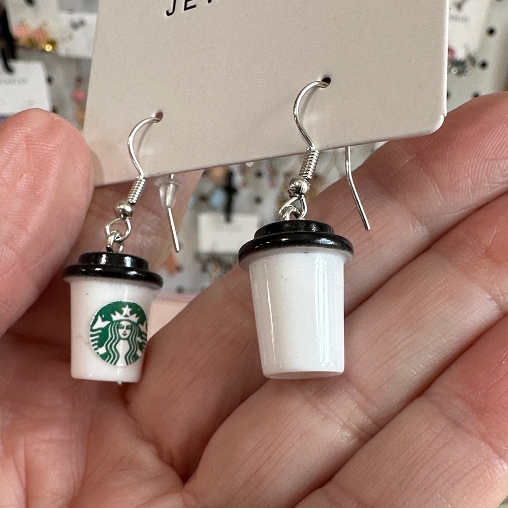 Starbucks White & Black Mini Cup Drop Earrings with Green Logo